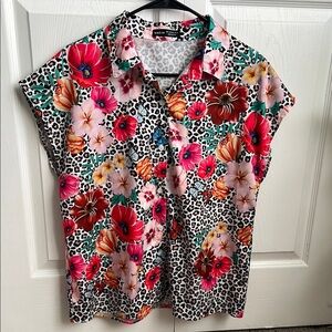 Red and Pink Cap Sleeve Blouse with Notched Collar